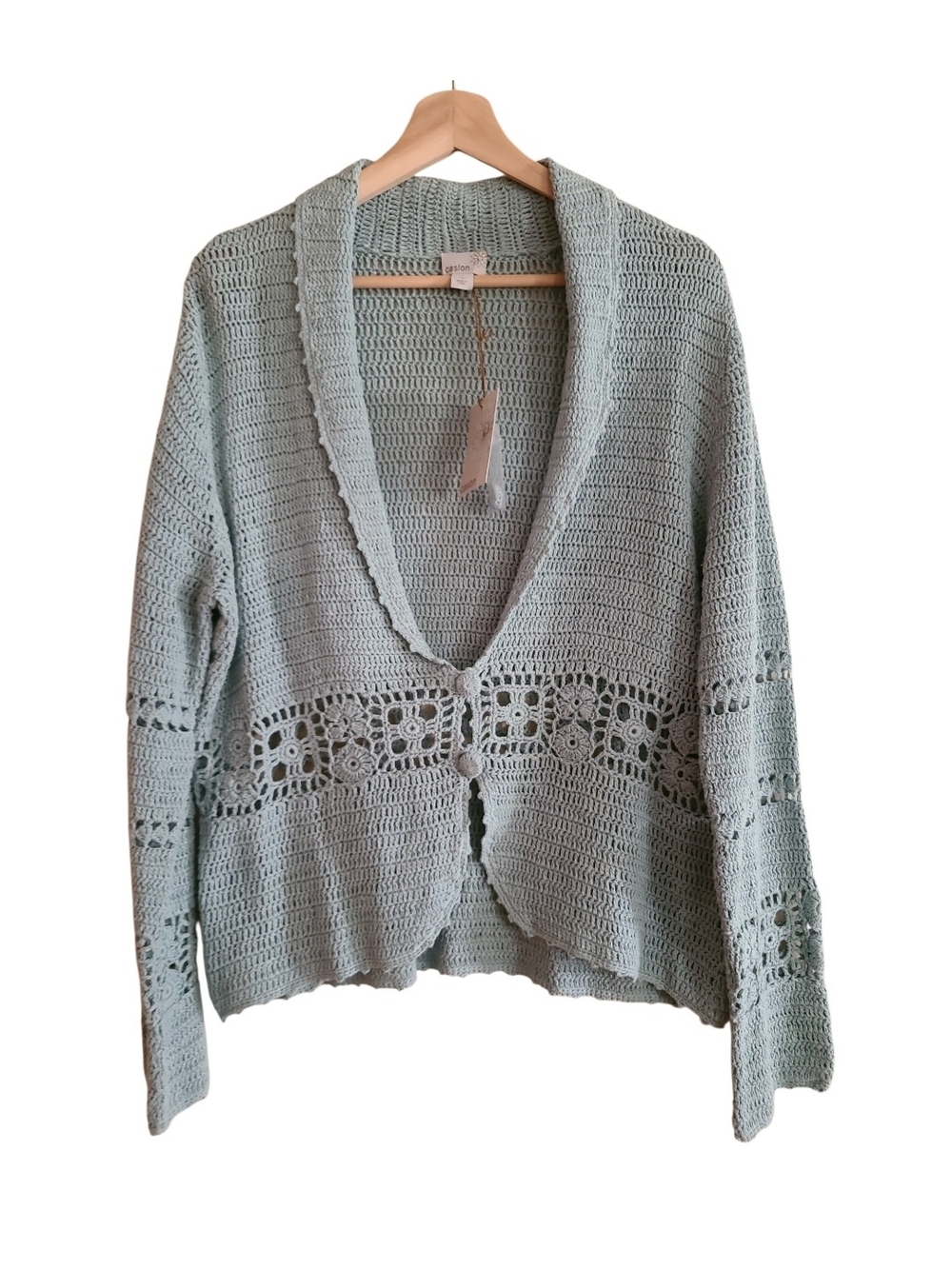 NWT Caslon Nordstrom Crochet Knit Cardogan Sweater Light Blue Linen Cotton Blend